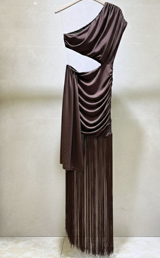 Asymmetrisk klänning med fransar Brun