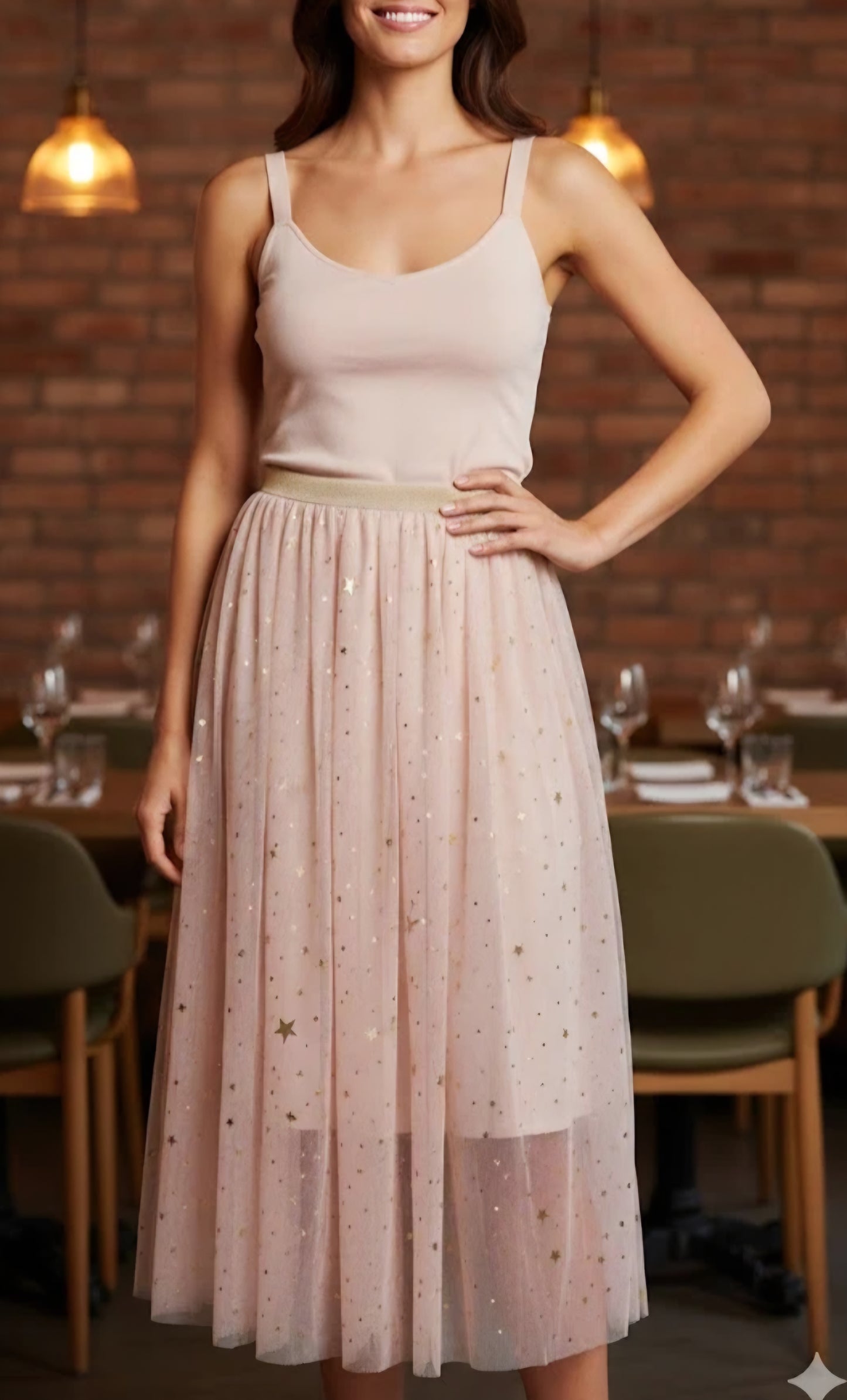 Mellanlång tyllkjol med stjärnor Rosa