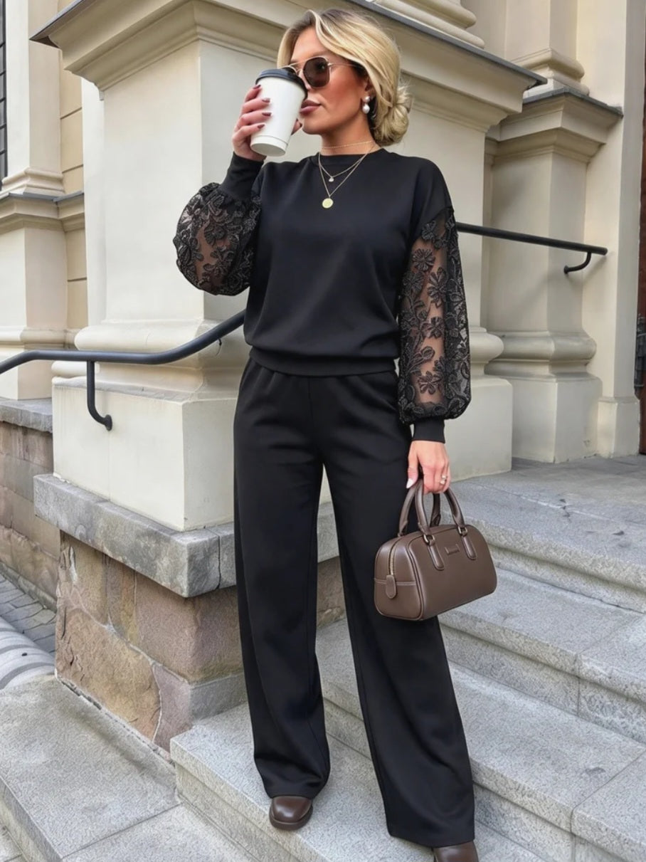 Sweatshirt SET med blommiga spetsärmar Svart