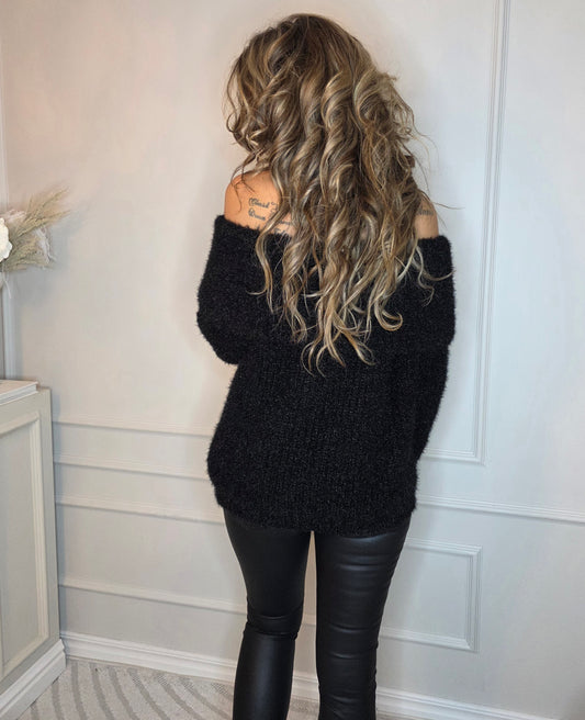 Off shoulder fluffig Tröja Svart