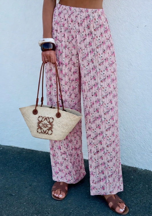 Plisserade blommiga byxor med innerfoder Rosa