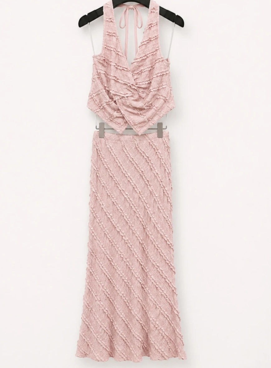 Elegant set lång kjol och knuten topp Rosa