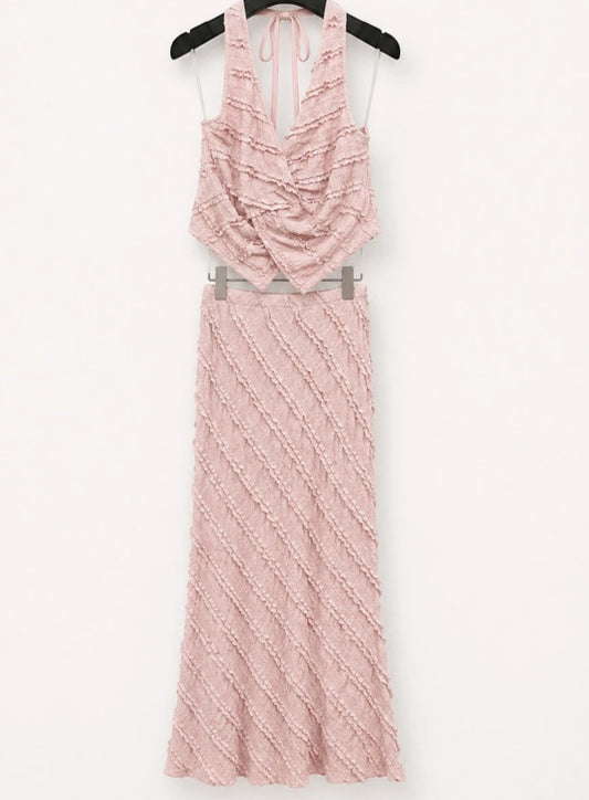 Elegant set lång kjol och knuten topp Rosa