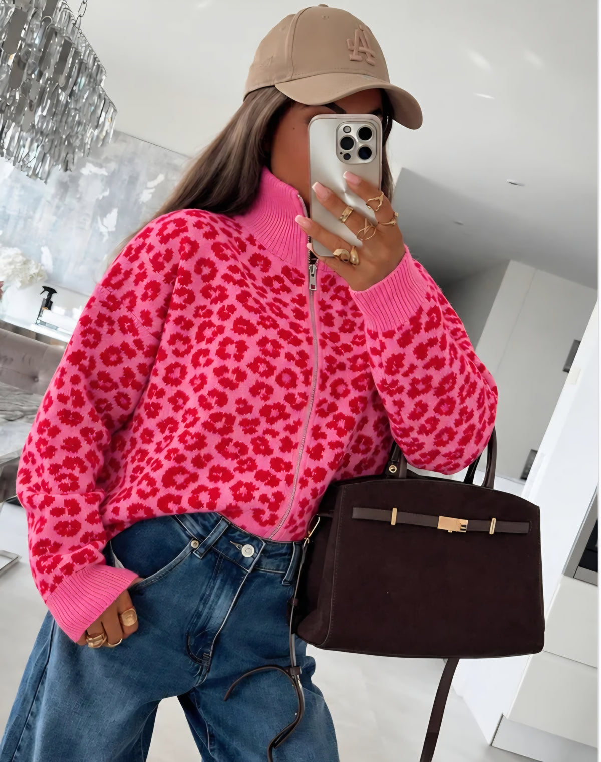 Leopardfärgad ullkofta med dragkedja Rosa