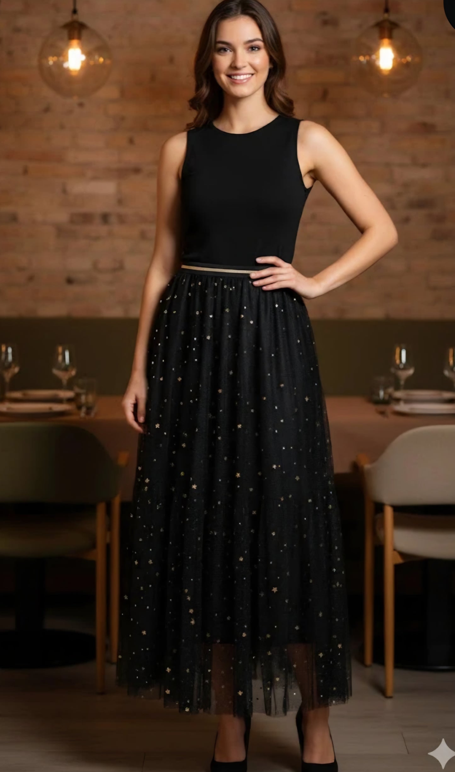 Mellanlång tyllkjol med stjärnor Svart