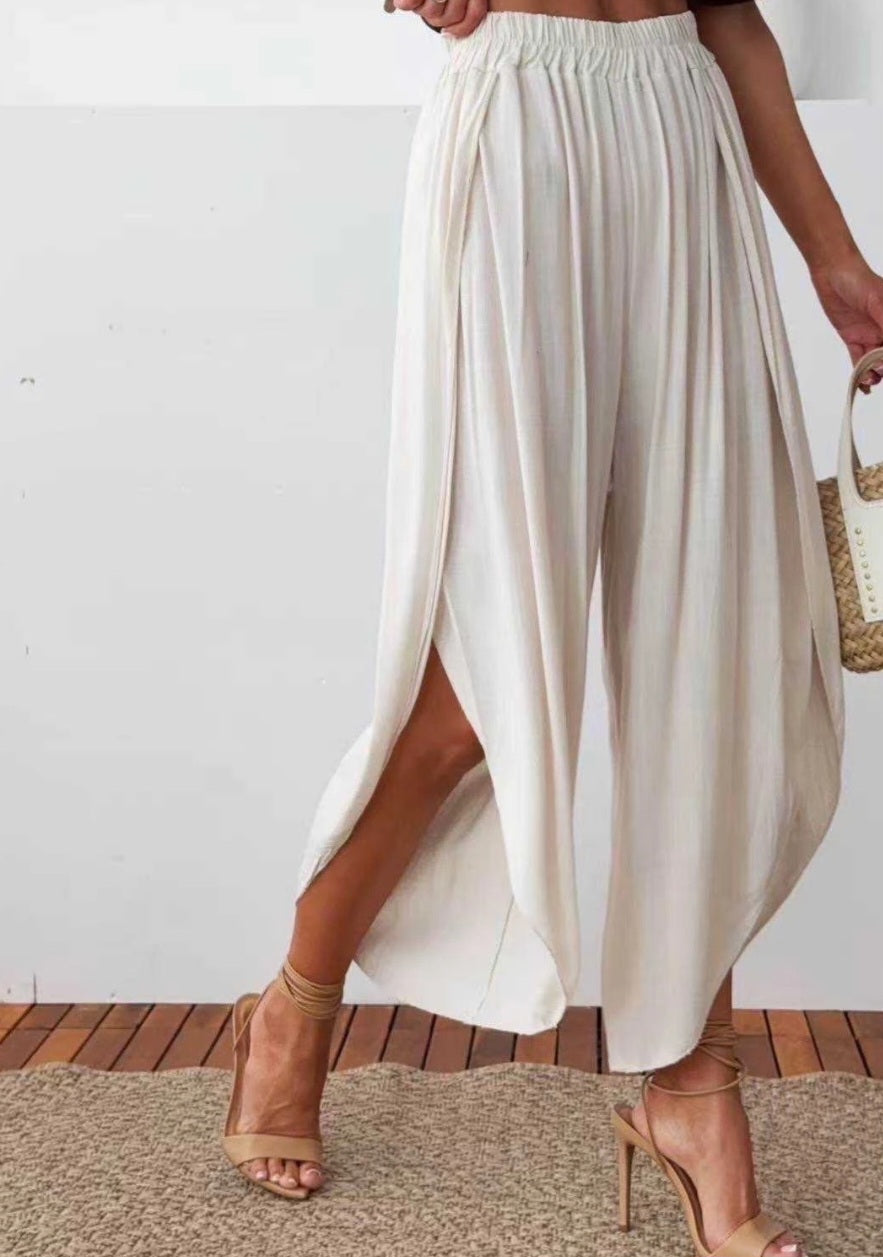 Lyocellbyxor med sidoslitsar Beige