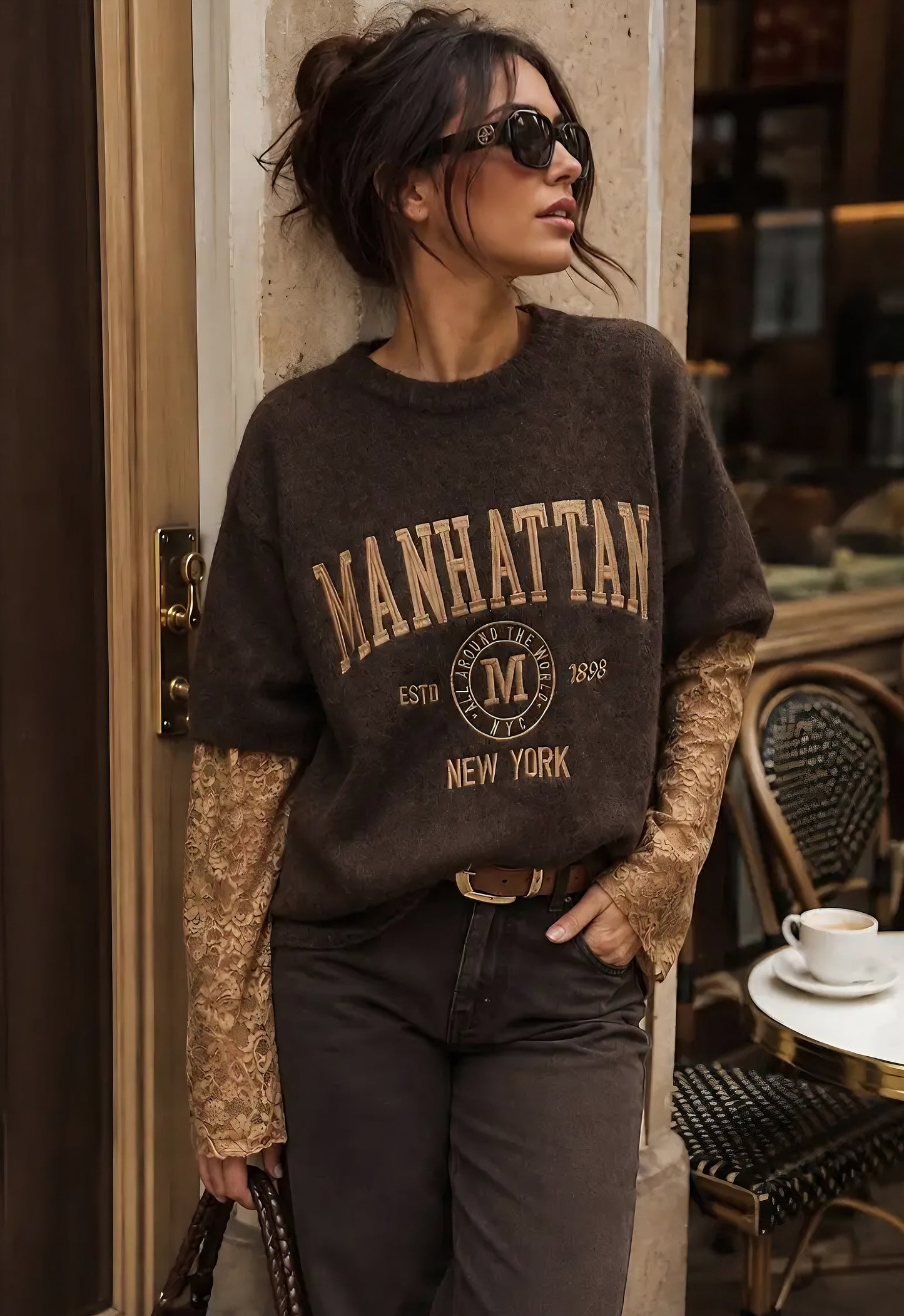 Tröja med bouclé-effekt i Manhattan, Spetsarm Mörkbrun