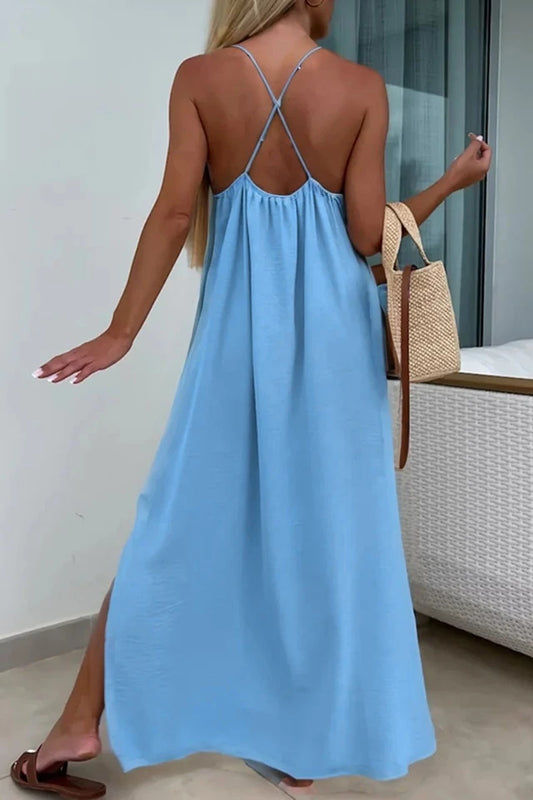 Ärmlös maxiklänning med korsrygg Turkos