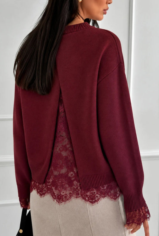 Elegant korströja med spetsrygg Vinröd