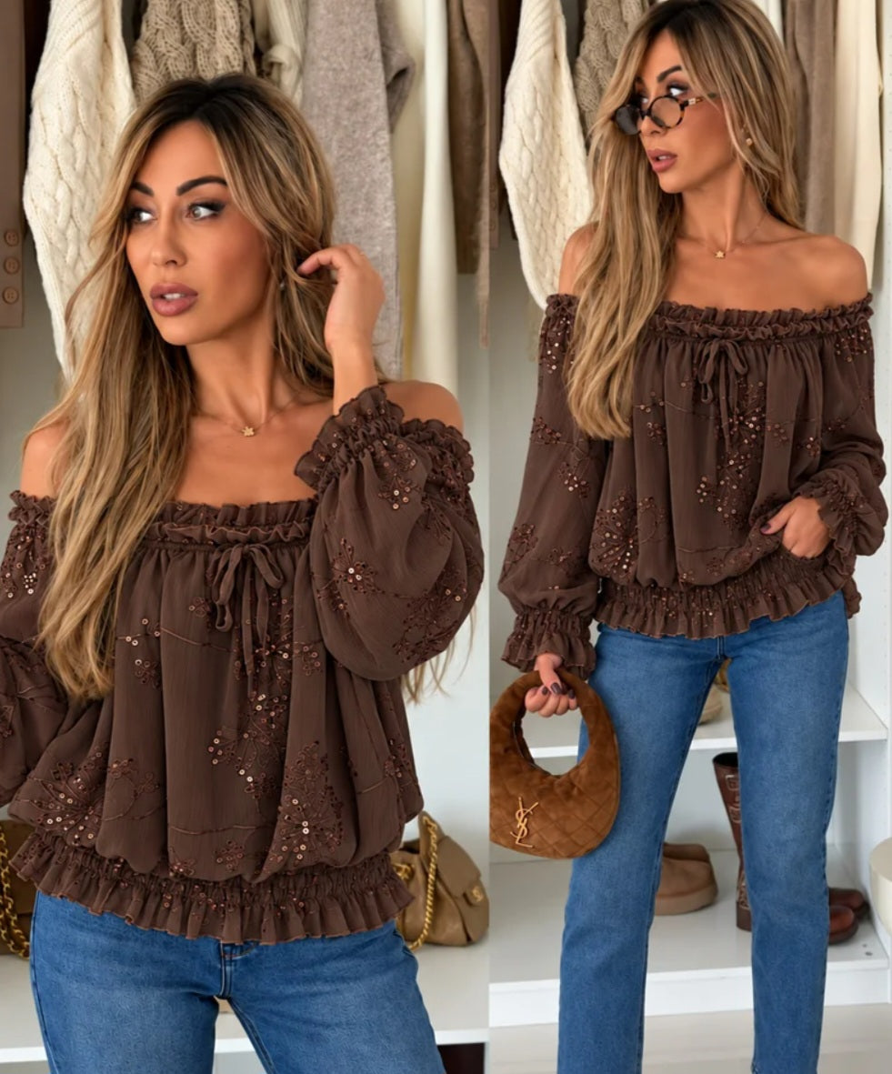 Blus med broderi och paljetter Brun