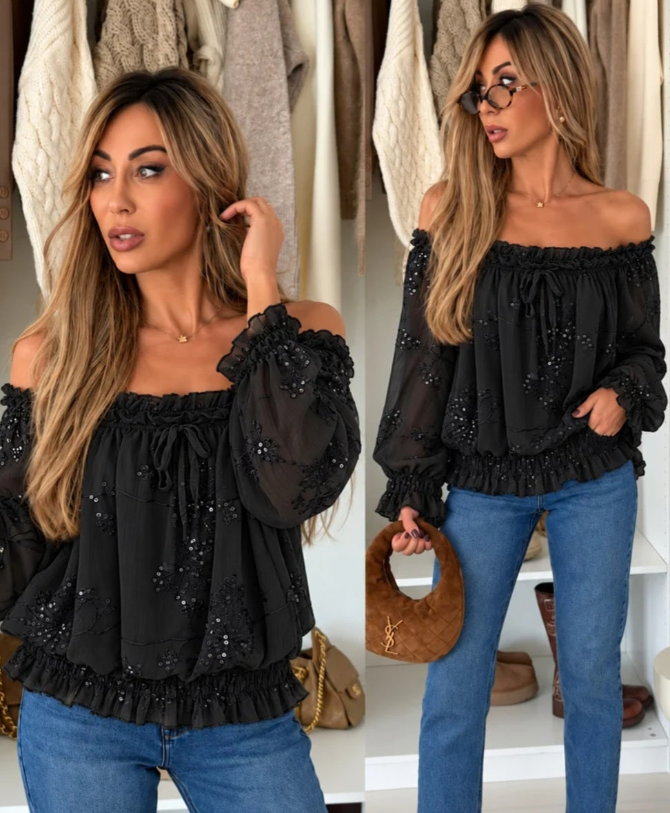Blus med broderi och paljetter Svart