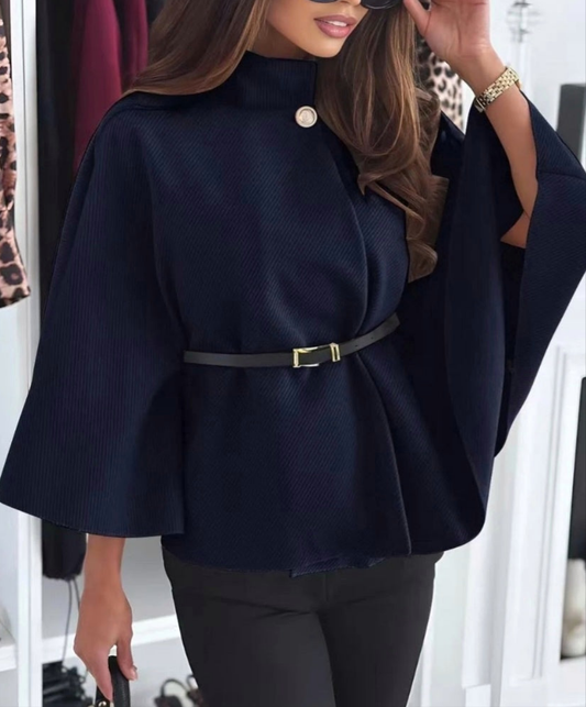 Elegant Cape/Poncho with belt Marinblå