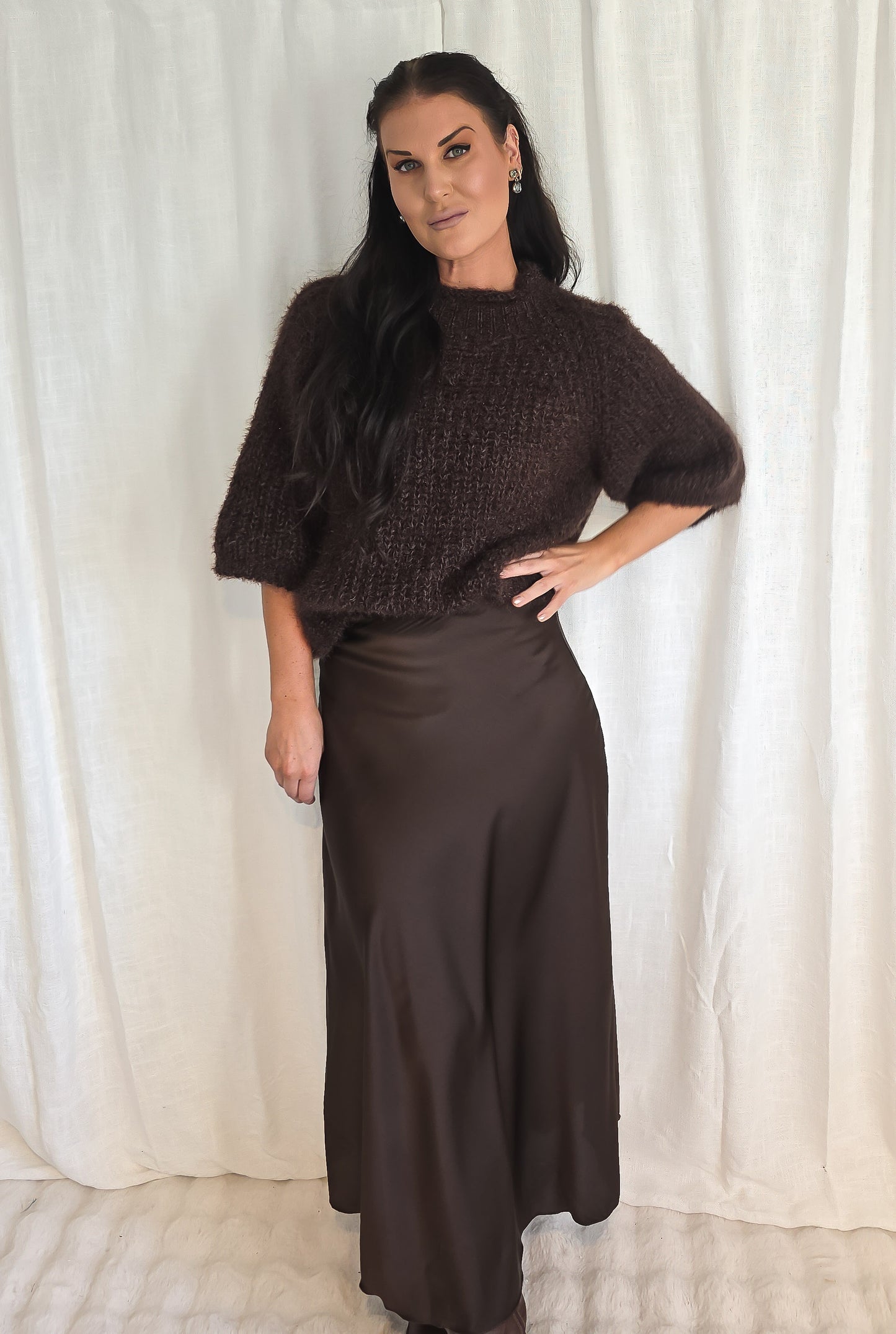 Fluffig stickad tröja Brun