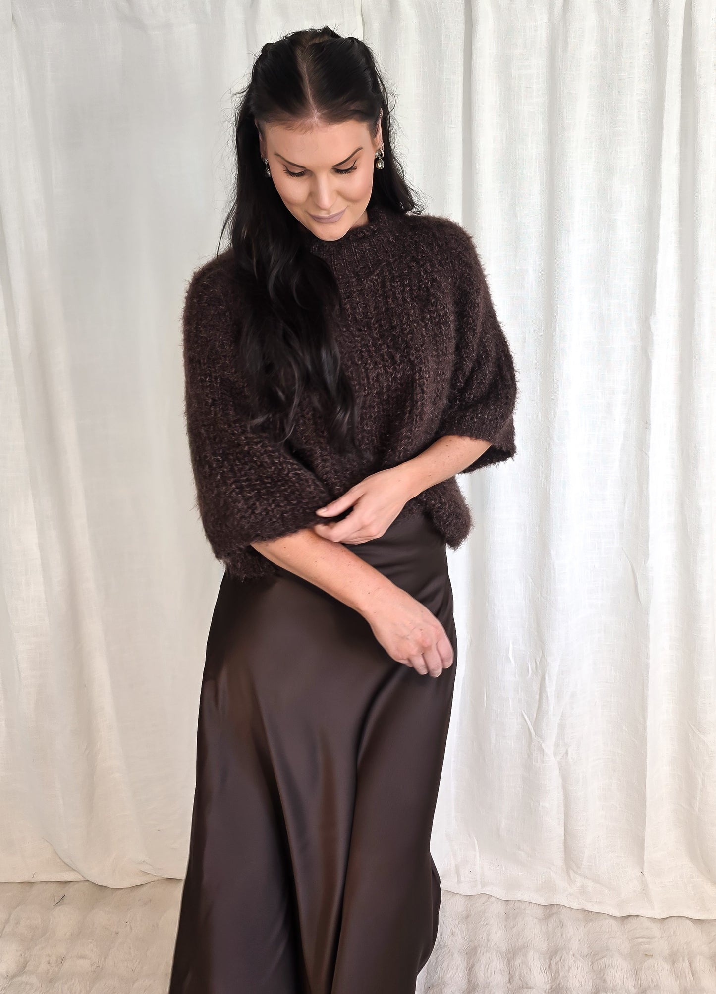 Fluffig stickad tröja Brun