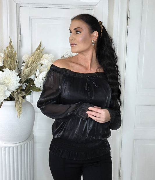 Off shoulder blus med smock Svart