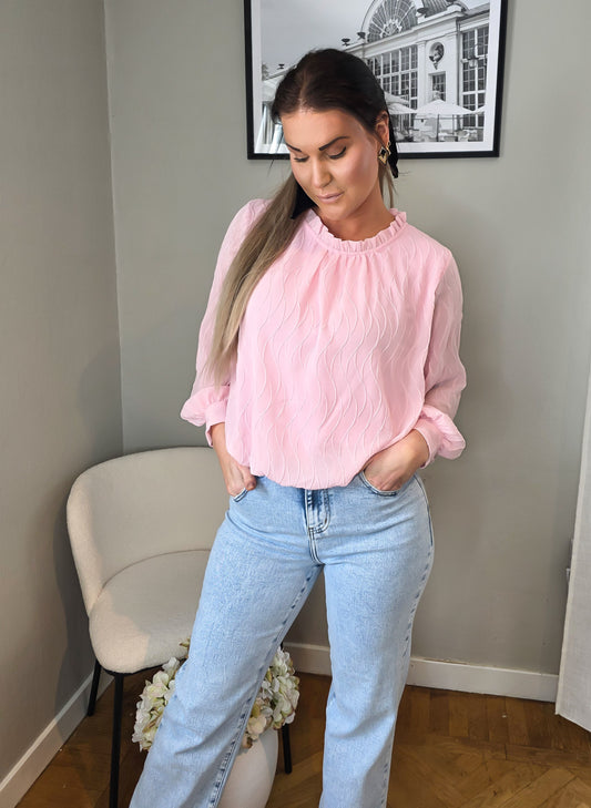 Strukturerad blus med volangkrage Rosa