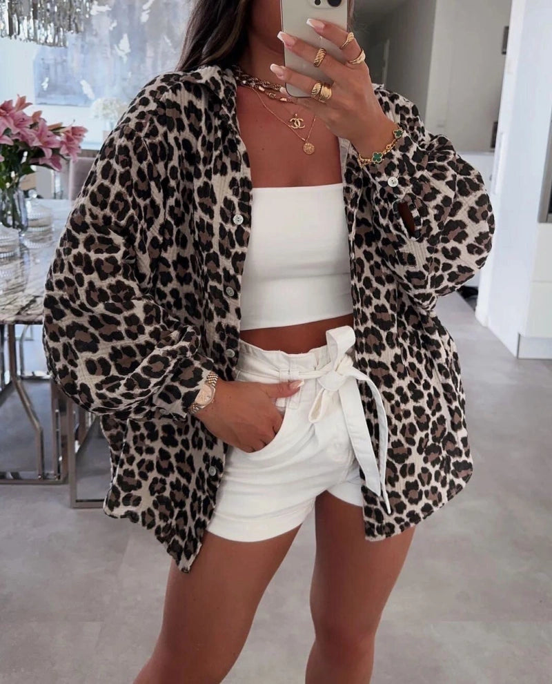 BOMULLSKJORTA Leopard Brun
