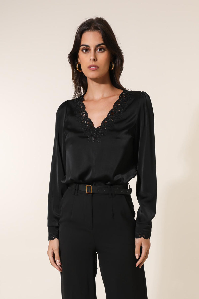 Lace neckline blouse Black