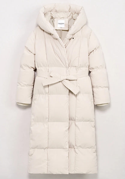 Lång quiltad jacka med bälte Beige