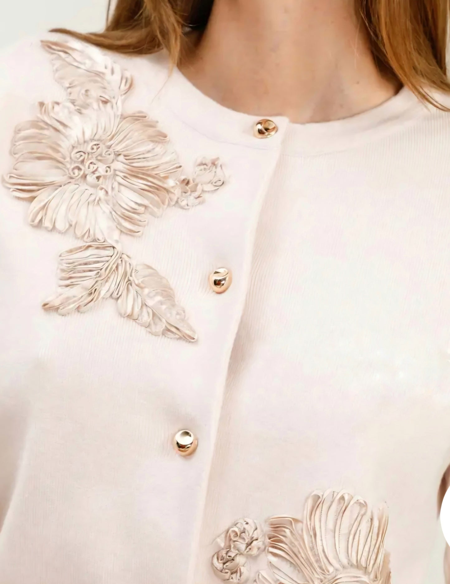 Stickad kofta med 3D-blommig satinbroderi Beige