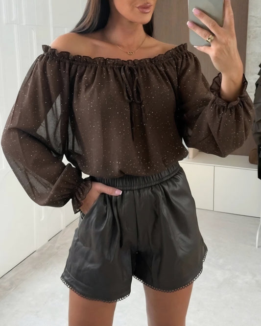 Topp paljettdetaljer i chiffongeffekt Brun