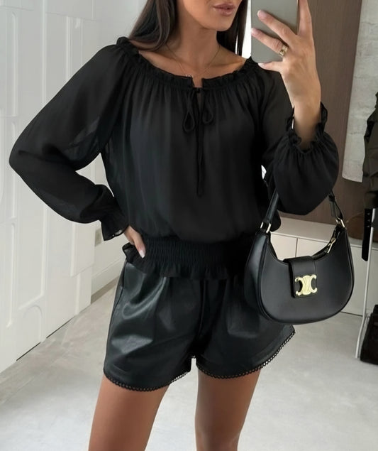 Off shoulder blus med smock Svart