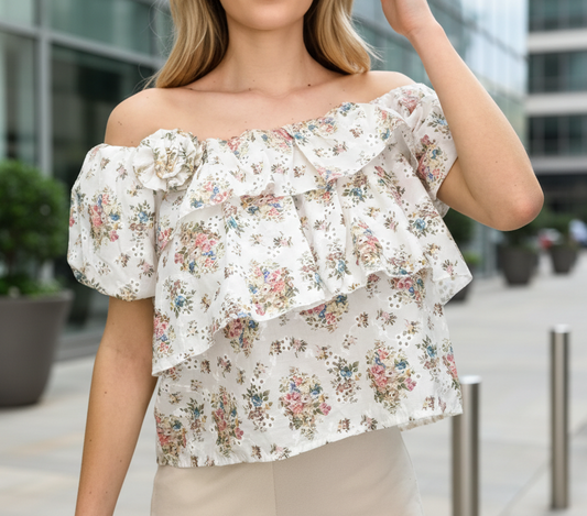OFF-SHOULDER TOPP Blommig Vit