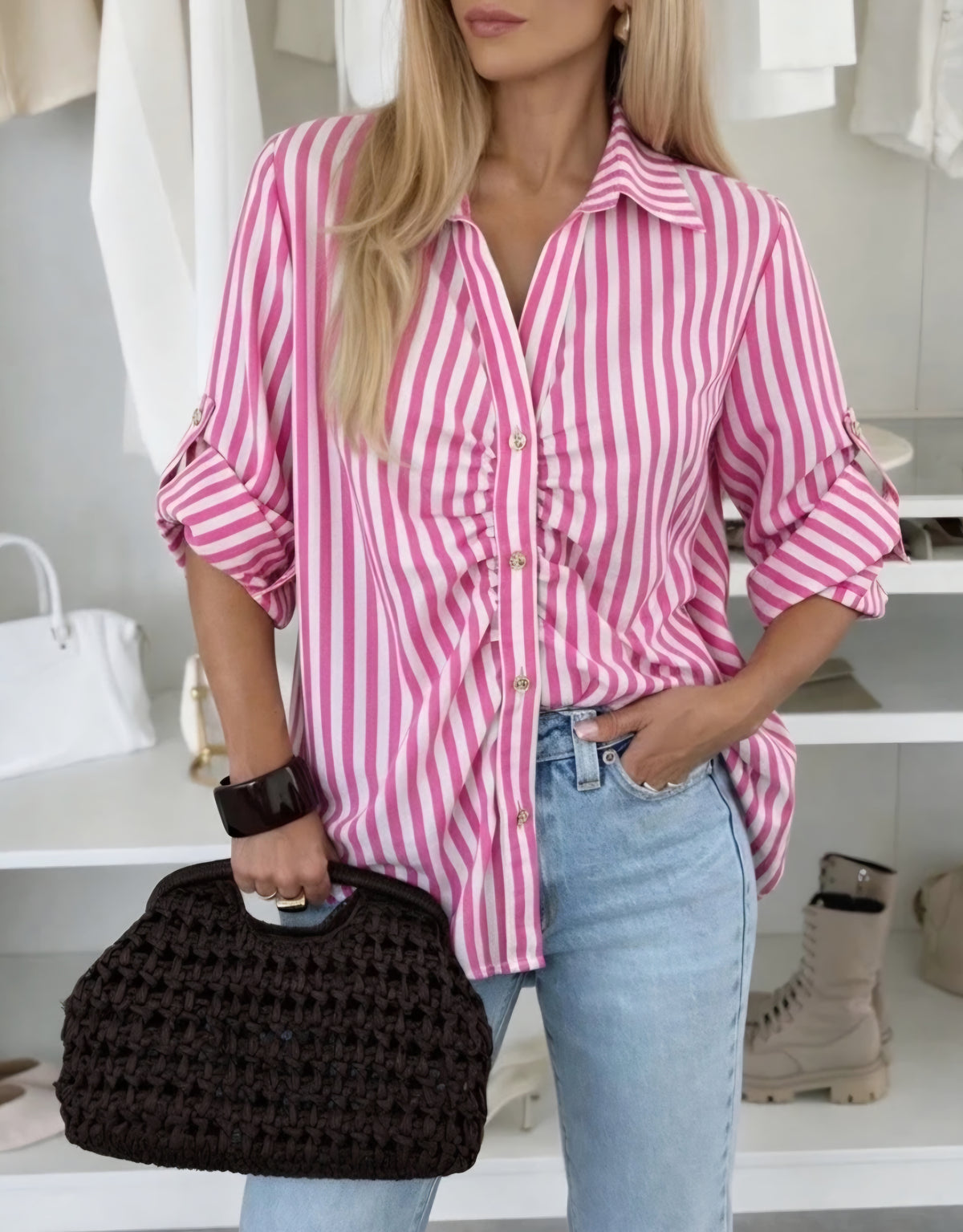 Randig skjorta med rynkad effekt Rosa – Nelbae Home AB