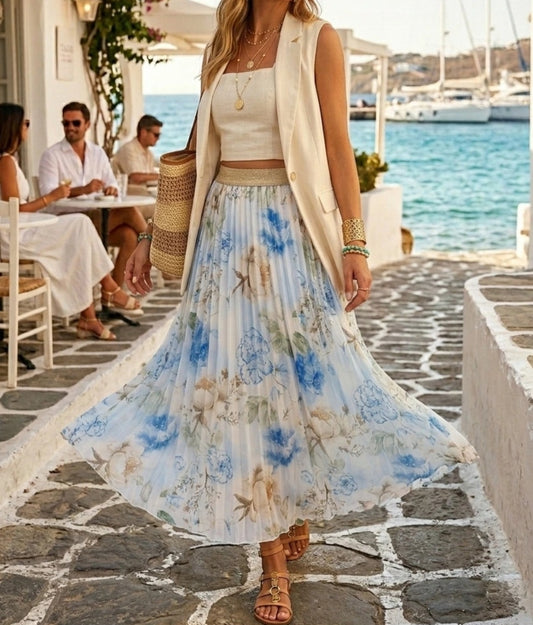 Plisserad maxikjol Flower Ljusblå