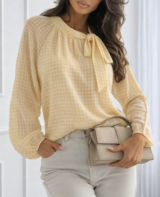 Blus med knytkrage och rutmönster Gul