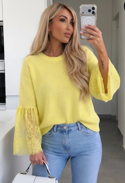 Mycket mjuk babyalpackatröja Spets Gul