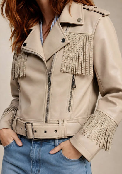 Jacka i konstläder med fransar Beige