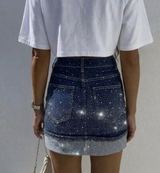 Stretchig denimkjol utsmyckad med strass
