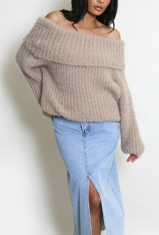 Stickad Bardot-tröja Beige
