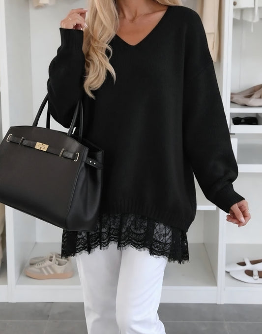 Stor v-ringad tröja med spets Svart