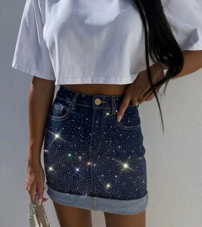 Stretchig denimkjol utsmyckad med strass