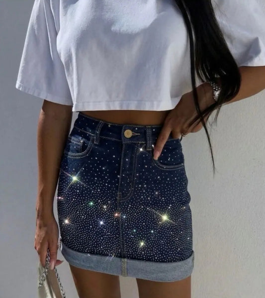 Stretchig denimkjol utsmyckad med strass