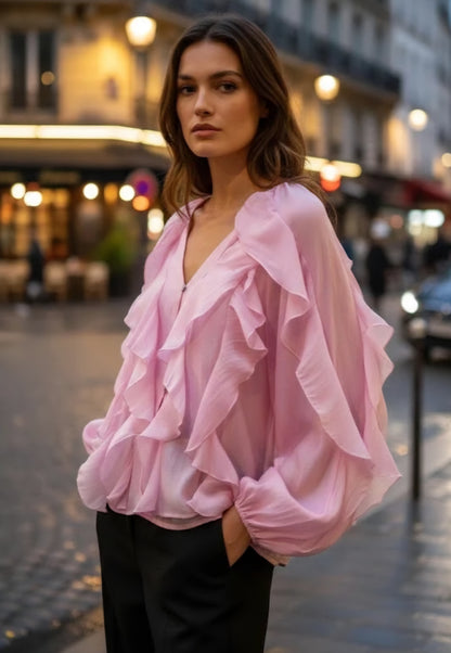 Långärmad blus med volang i lyocell Rosa