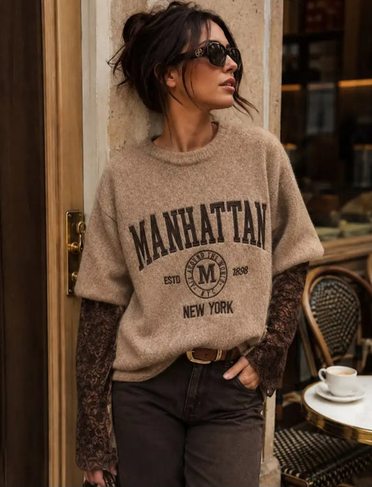 Tröja med bouclé-effekt i Manhattan, Spetsarm