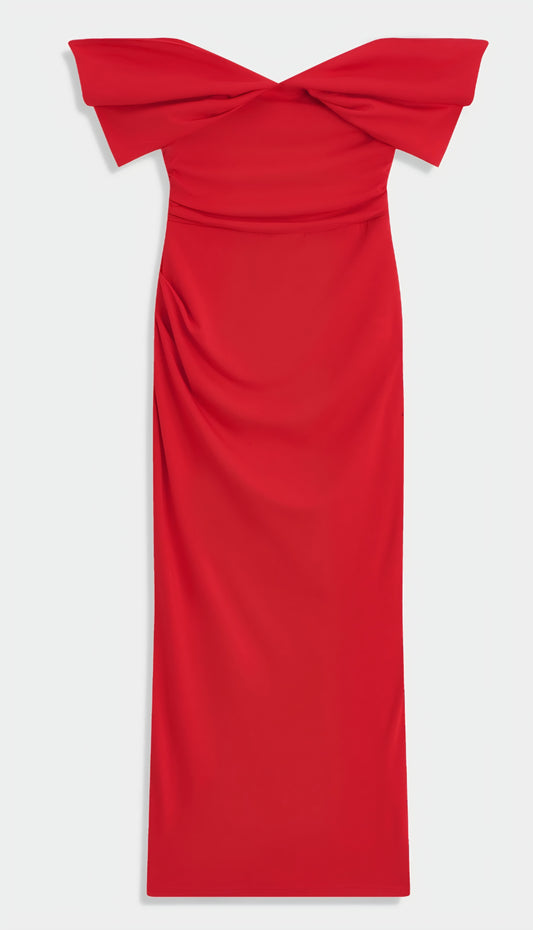 Lång axelbandslös klänning Röd