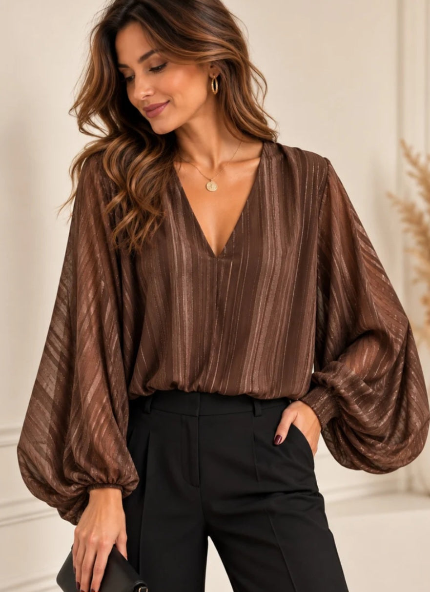 Randig blus, svart lurex Brun