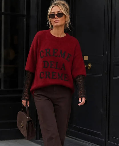 Tröja med bouclé-effekt i Cream, Spetsarm Röd