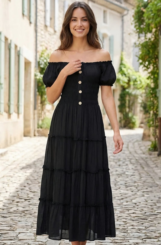 Maxiklänning med puffärmar, Smock Svart