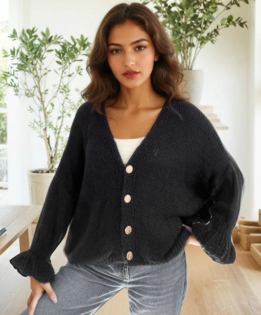 Fluffig stickad kofta Svart