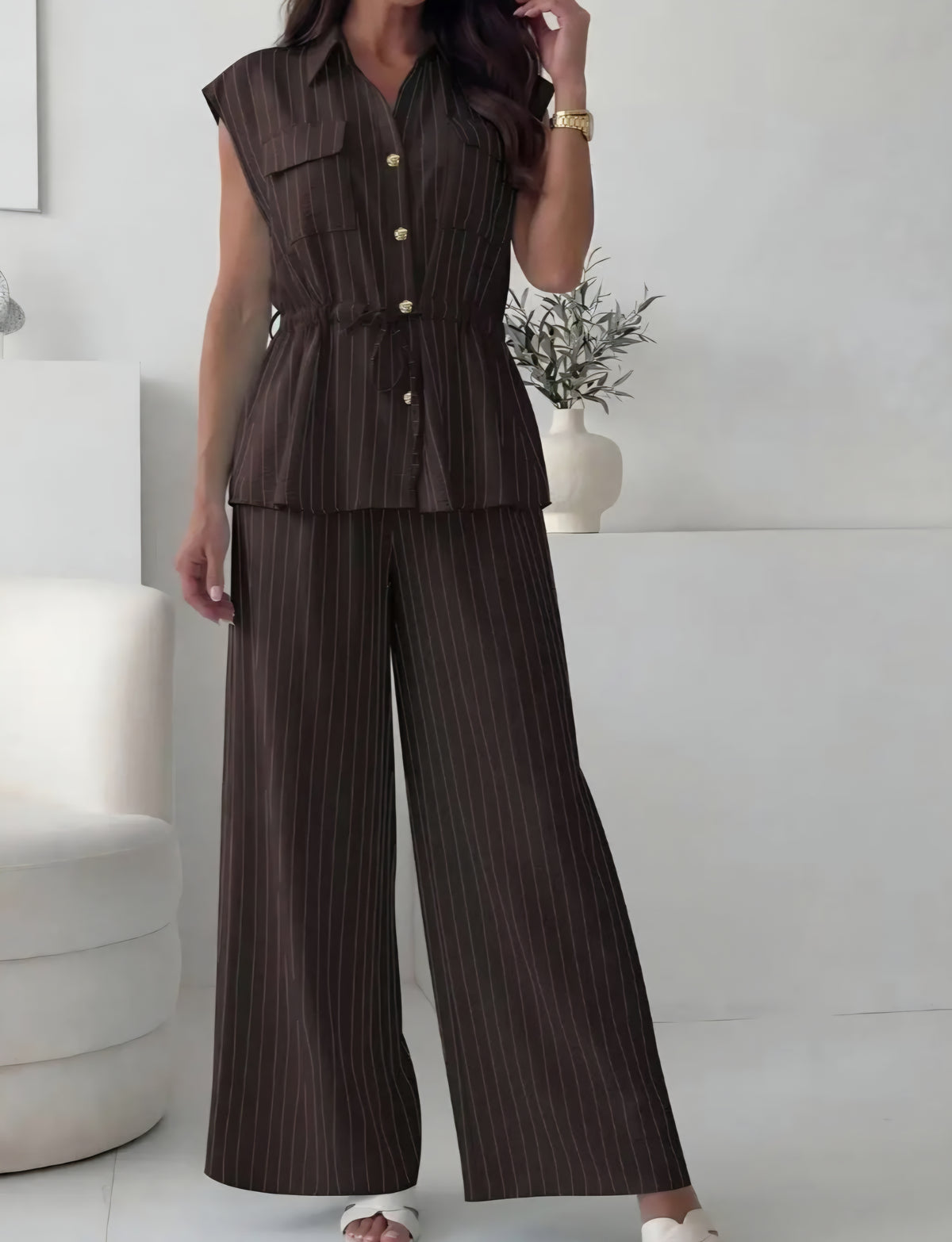 Set med ränder, blus+byxor Brun