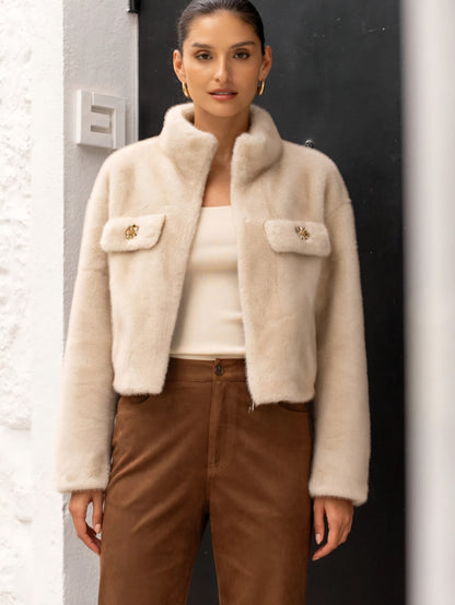 Kort fuskpälsjacka med hög krage Beige