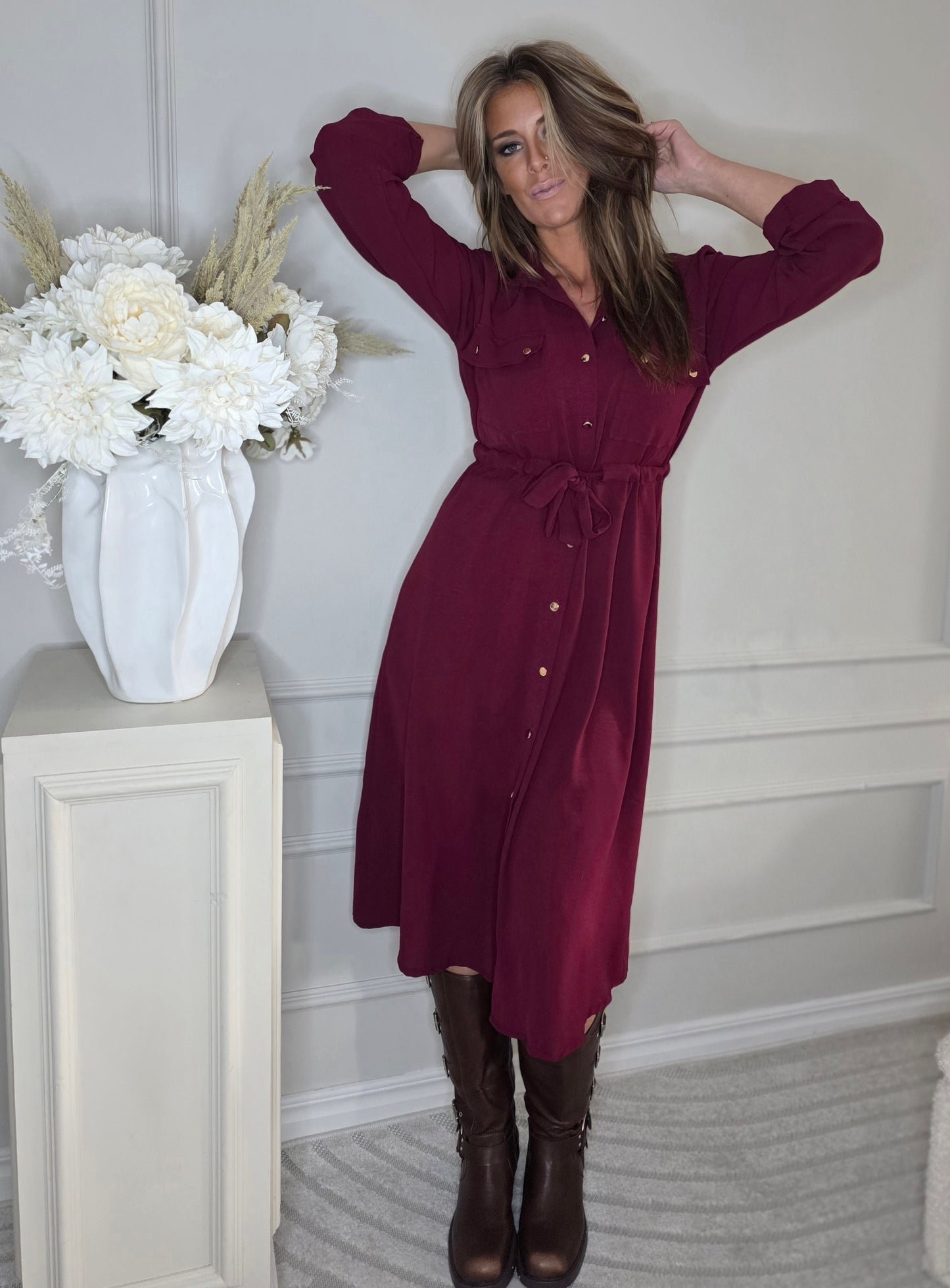 Lång skjortklänning Vinröd