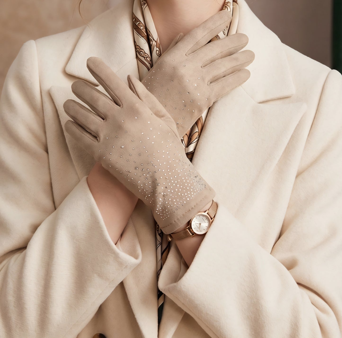 Handskar med strass Beige