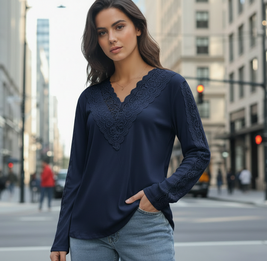 Extra stretchig långärmad spetsärmar Marinblå