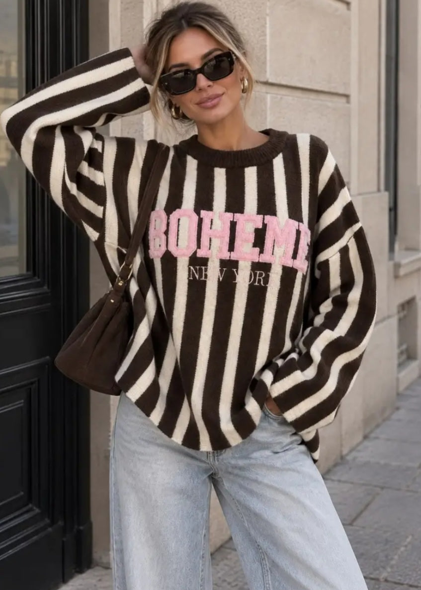 Boheme randig stickad tröja med broderi Rosa